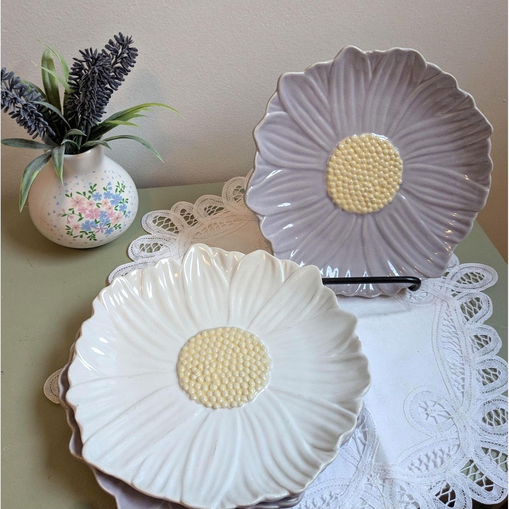 Assiette boheme tournesol en ceramique mauve et blanc- set of 3